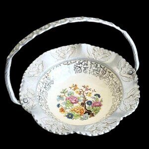 Vintage Candy Dish Pewter and Porcelain Basket Bowl Mid Century Farber Shlevin